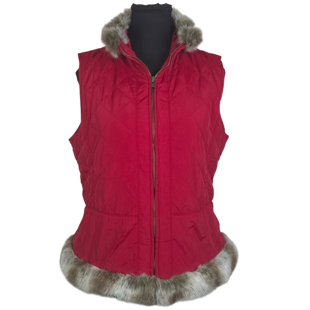 Red Quilted Vest with Faux Fur Accents Size Small